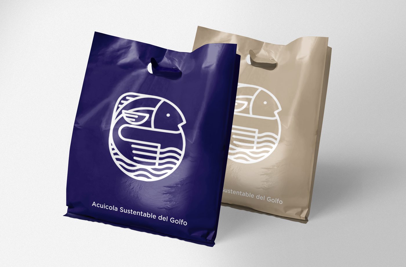 ASG plastic shopping bags in navy and tan
