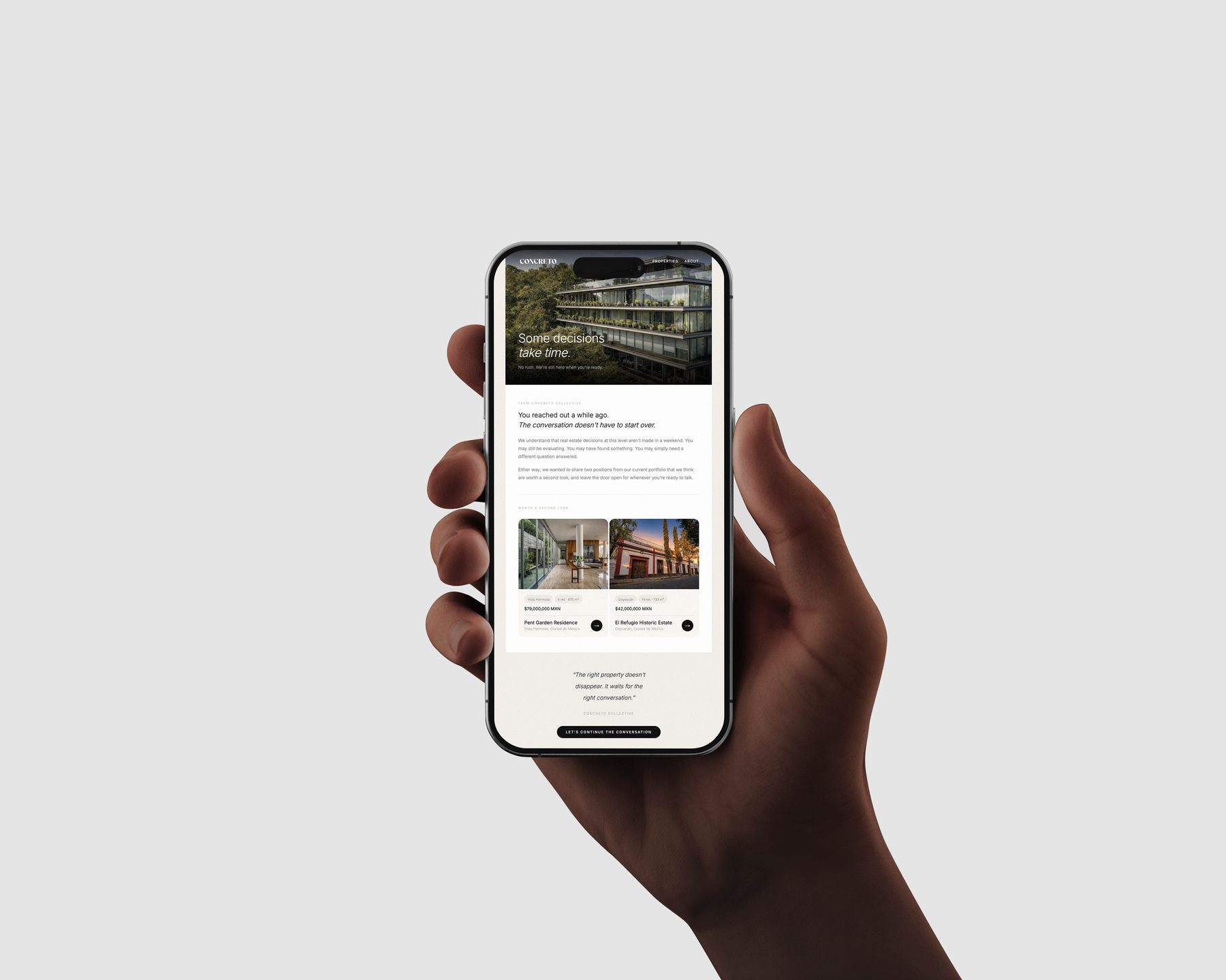 Concreto Collective mobile page held in hand on an iPhone