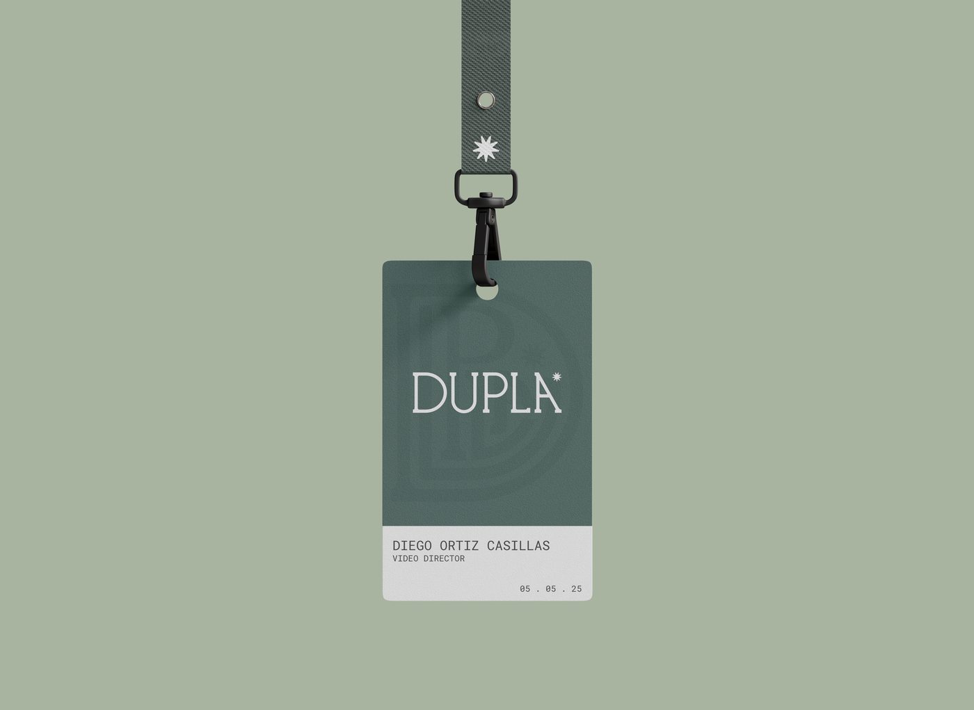 Dupla event badge on a lanyard