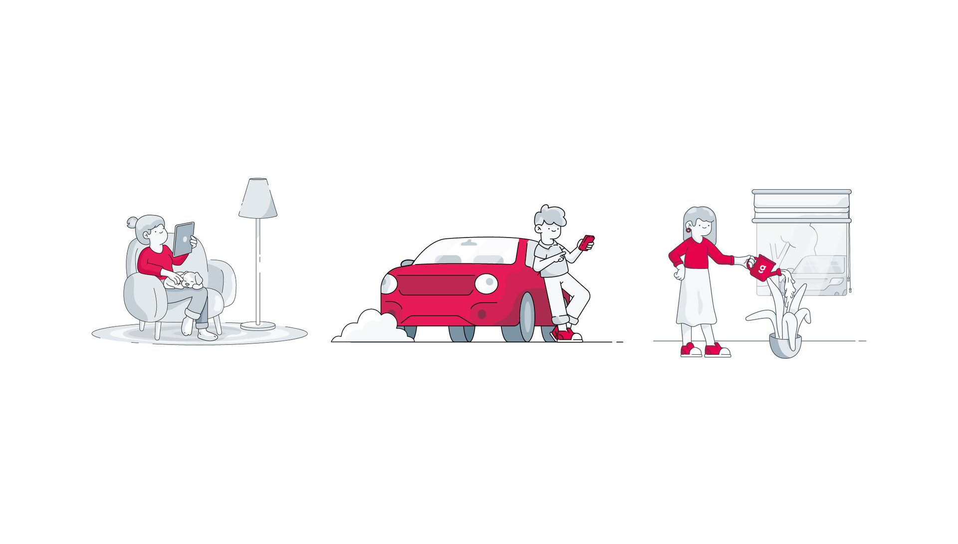 Guros brand illustrations, at home, on the road, and at the door