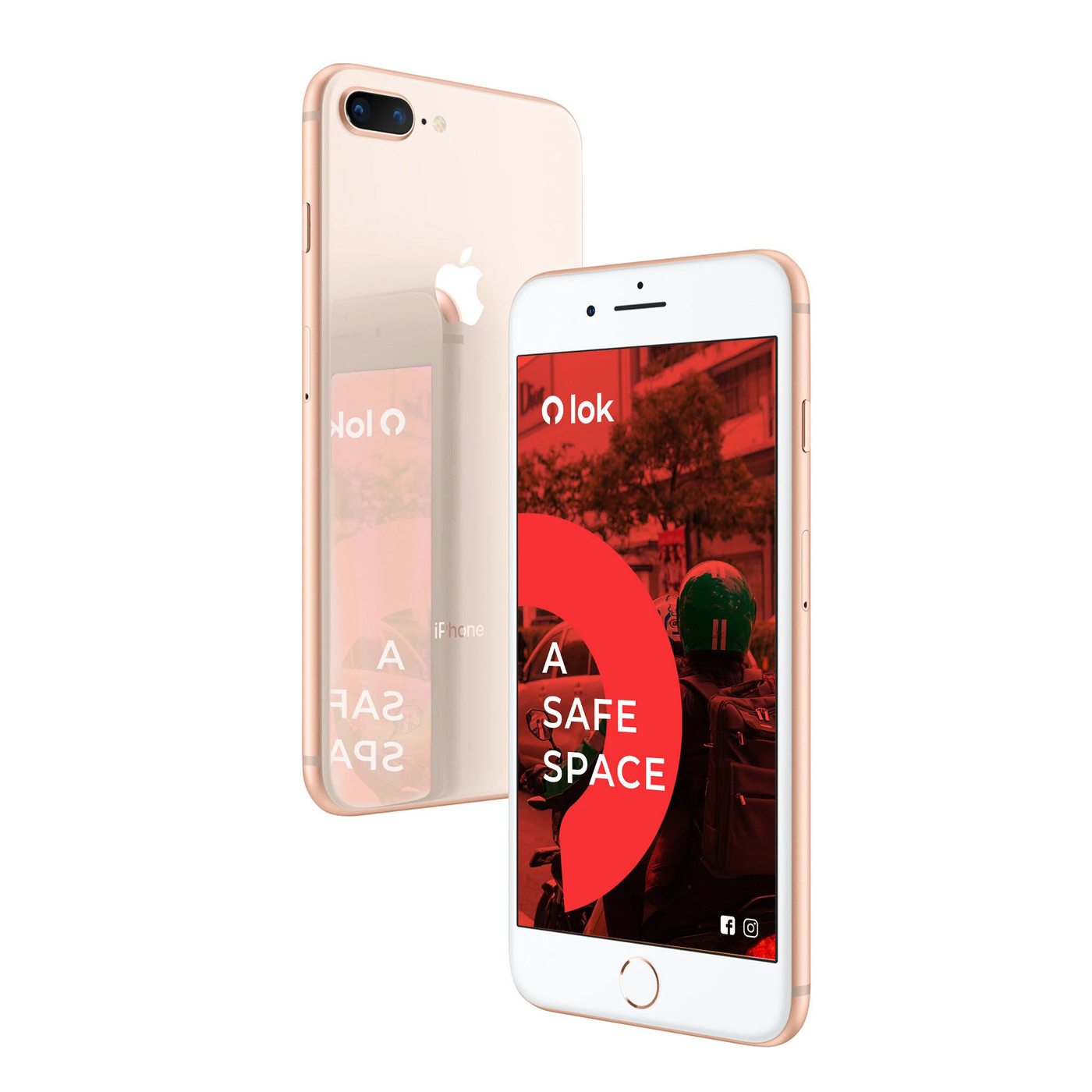 LOK app screens on a phone, front and back