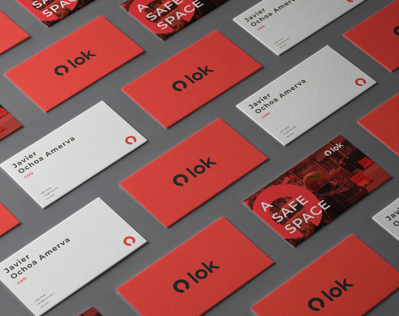 LOK business cards in red and white