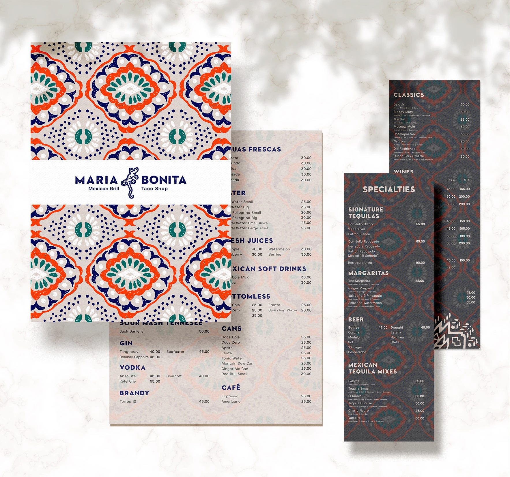 María Bonita drinks menu spread