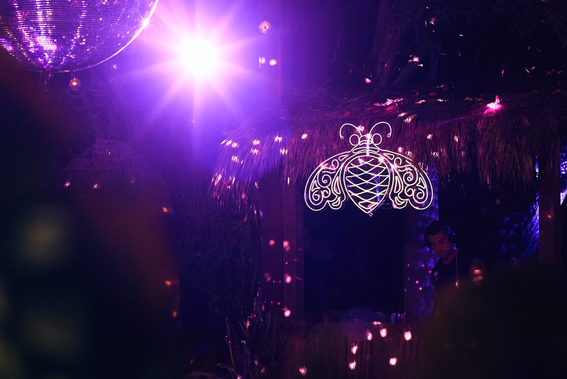 Patrón bee mark lit up in neon at a jungle venue