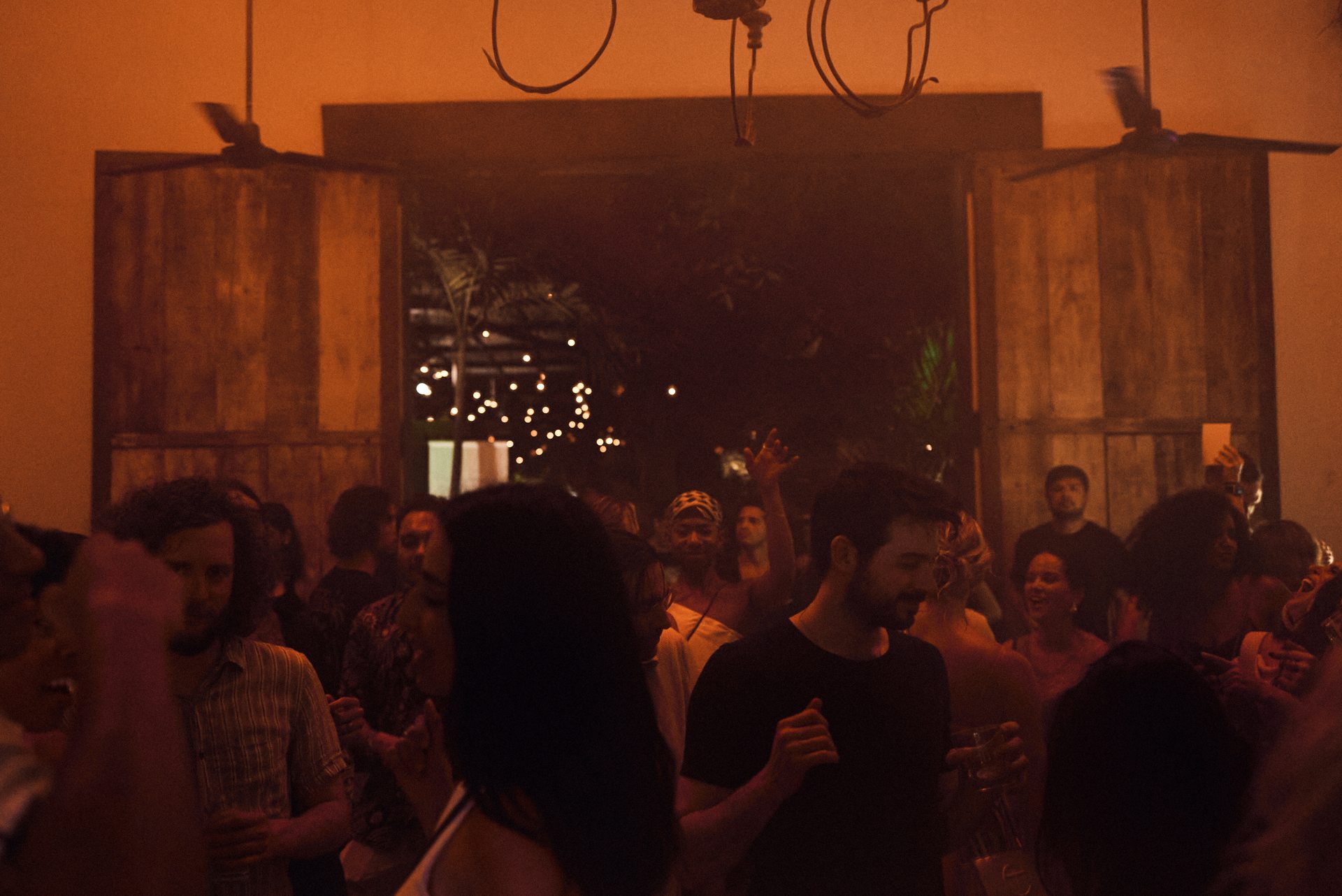 Crowd dancing at the venue entrance