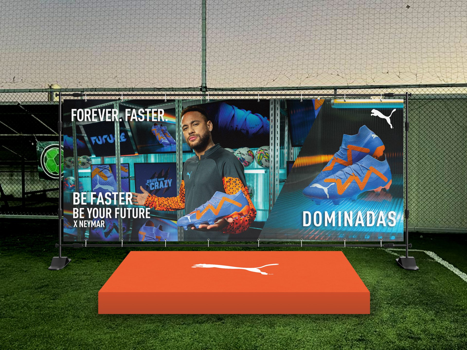 Forever Faster venue banner and podium branding