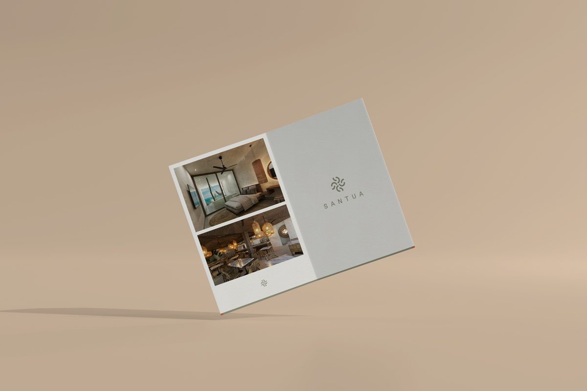 Santua brochure showing hotel rooms and restaurant