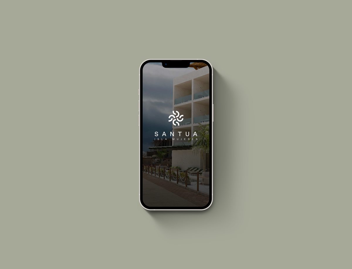Santua Isla Mujeres splash screen over the hotel facade